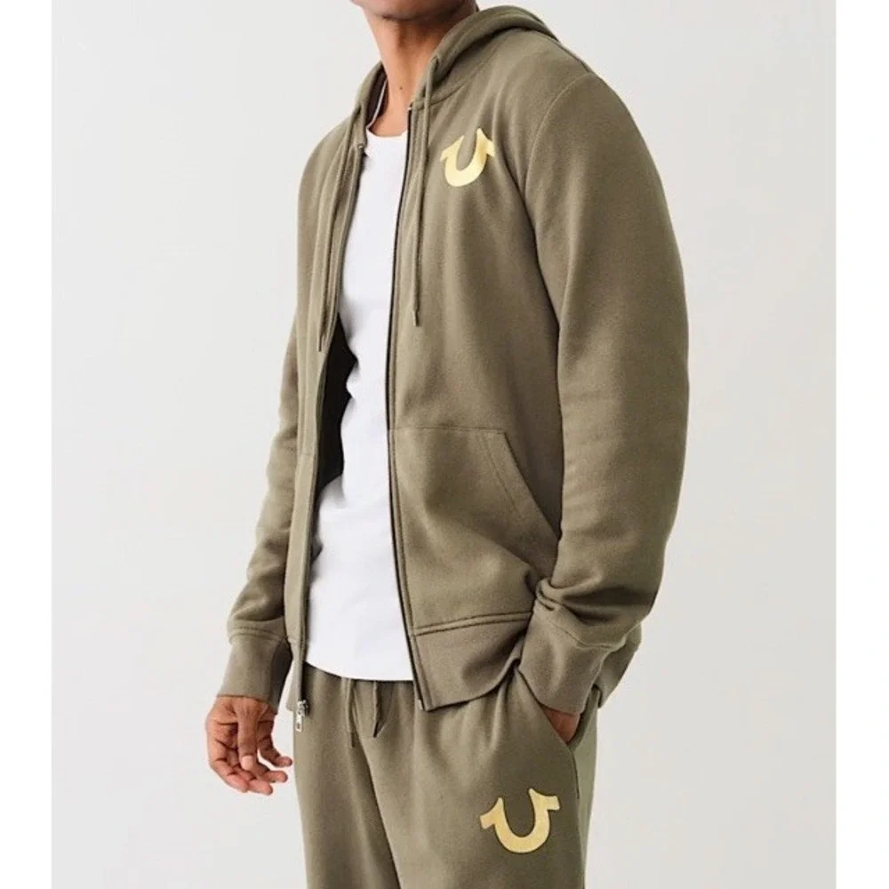 True Religion Hoodie Mens Large Green Full Zip‎ Buddha Hooded Sweatshirt NWT